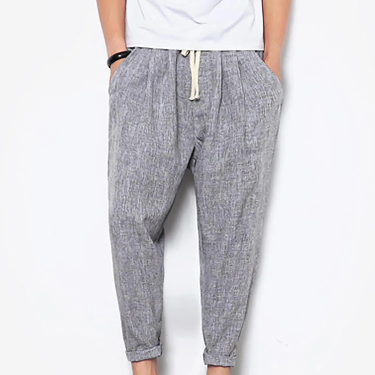 Linen Capri Pants Men Baggy Harem Pants Drawstring Lounge Pants Elastic Waist Capris Casual Summer Ankle Pants