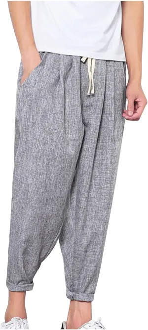 Linen Capri Pants Men Baggy Harem Pants Drawstring Lounge Pants Elastic Waist Capris Casual Summer Ankle Pants