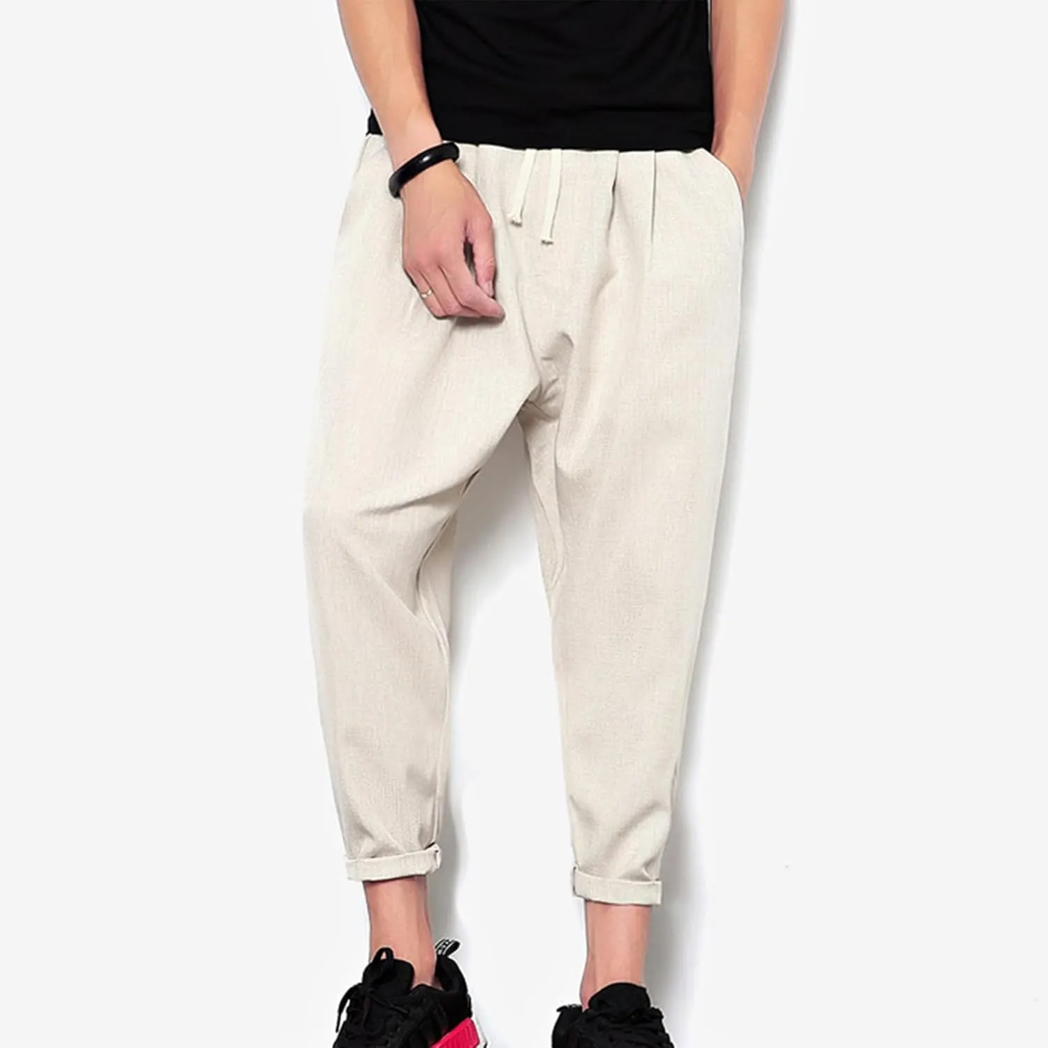 Linen Capri Pants Men Baggy Harem Pants Drawstring Lounge Pants Elastic Waist Capris Casual Summer Ankle Pants