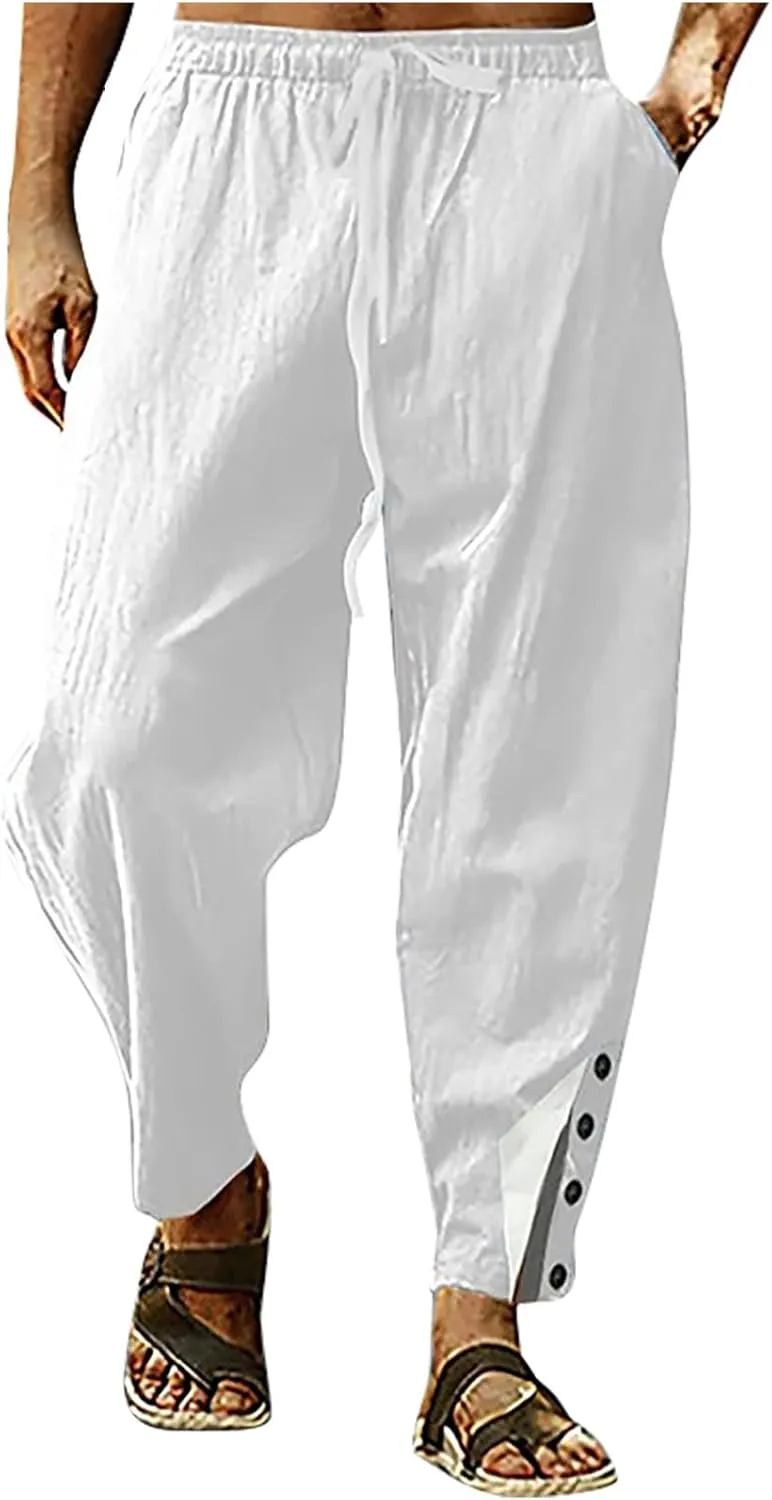 Linen Pants for Men Summer Big and Tall Beach Pants Drawstring Elastic Waist Trousers Loose Casual Tapered Pants