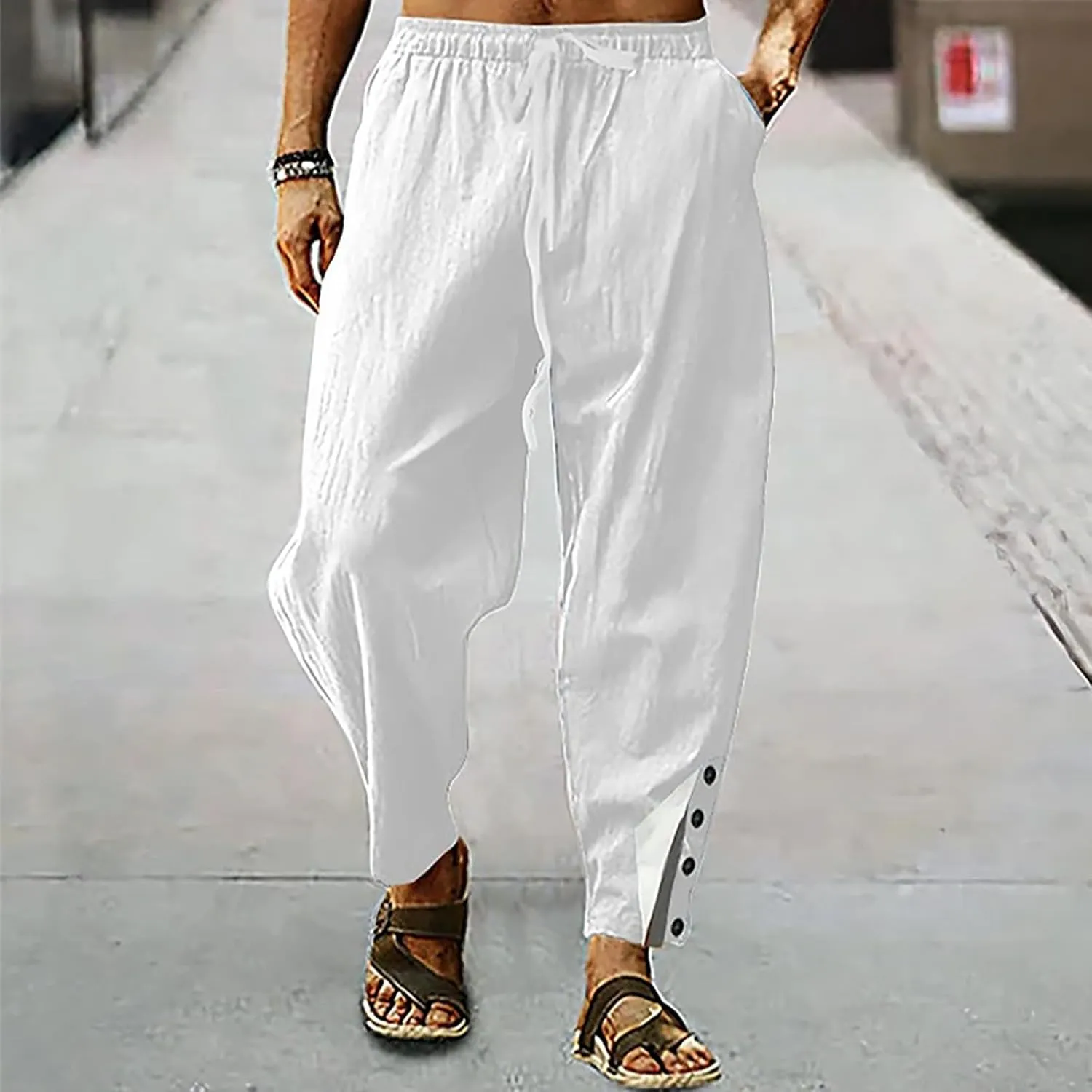 Linen Pants for Men Summer Big and Tall Beach Pants Drawstring Elastic Waist Trousers Loose Casual Tapered Pants