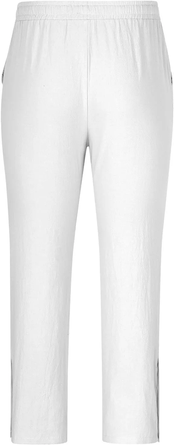 Linen Pants for Men Summer Big and Tall Beach Pants Drawstring Elastic Waist Trousers Loose Casual Tapered Pants