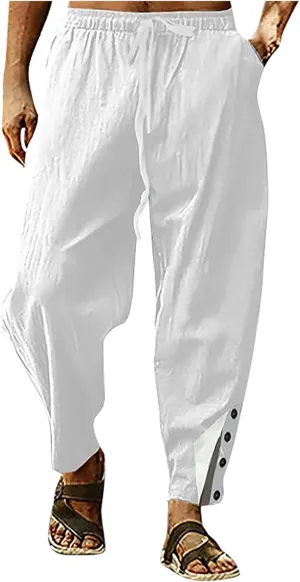 Linen Pants for Men Summer Big and Tall Beach Pants Drawstring Elastic Waist Trousers Loose Casual Tapered Pants
