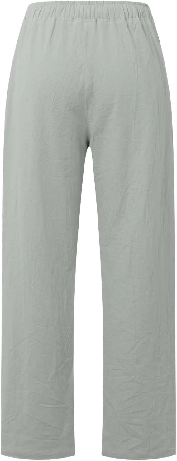 Linen Pants Women Summer Drawstring High Waist Pants Loose Cotton Linen Wide Leg Palazzo Pant Casual Beach Trousers