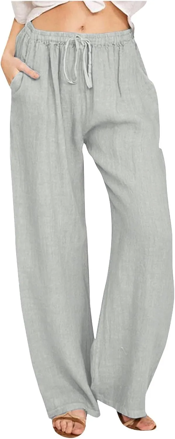 Linen Pants Women Summer Drawstring High Waist Pants Loose Cotton Linen Wide Leg Palazzo Pant Casual Beach Trousers