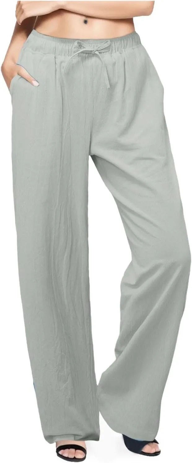Linen Pants Women Summer Drawstring High Waist Pants Loose Cotton Linen Wide Leg Palazzo Pant Casual Beach Trousers