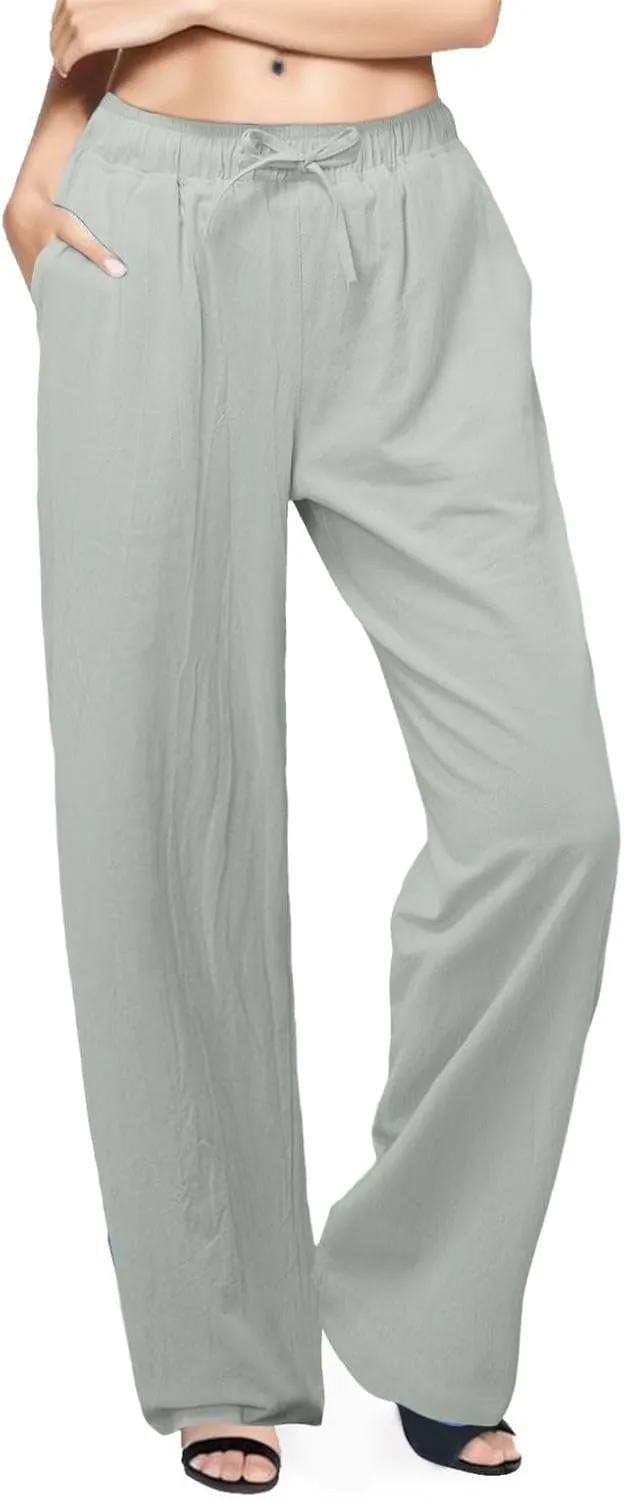 Linen Pants Women Summer Drawstring High Waist Pants Loose Cotton Linen Wide Leg Palazzo Pant Casual Beach Trousers