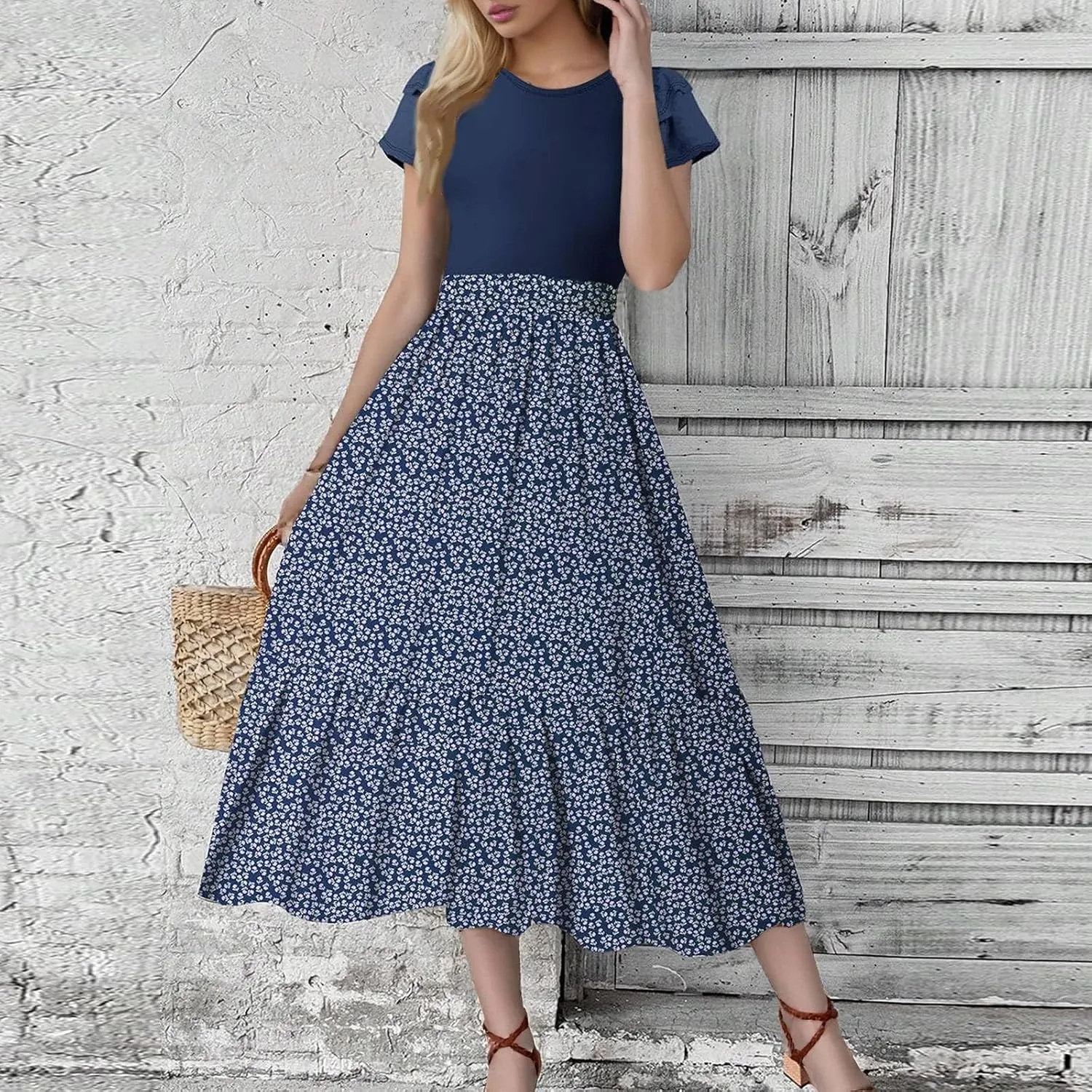 Maxi Dresses for Women 2025 Summer Casual Trendy Short Sleeve Crew Neck Floral Print Flowy Boho Dress, S-2XL