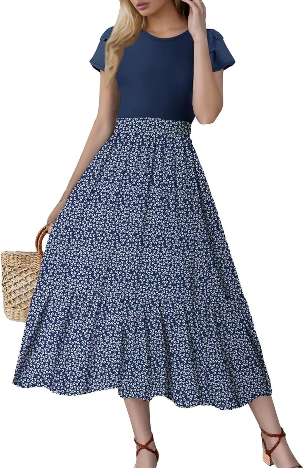 Maxi Dresses for Women 2025 Summer Casual Trendy Short Sleeve Crew Neck Floral Print Flowy Boho Dress, S-2XL