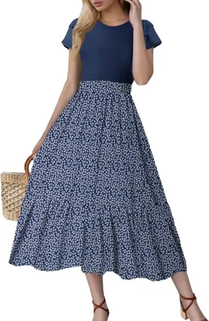 Maxi Dresses for Women 2025 Summer Casual Trendy Short Sleeve Crew Neck Floral Print Flowy Boho Dress, S-2XL