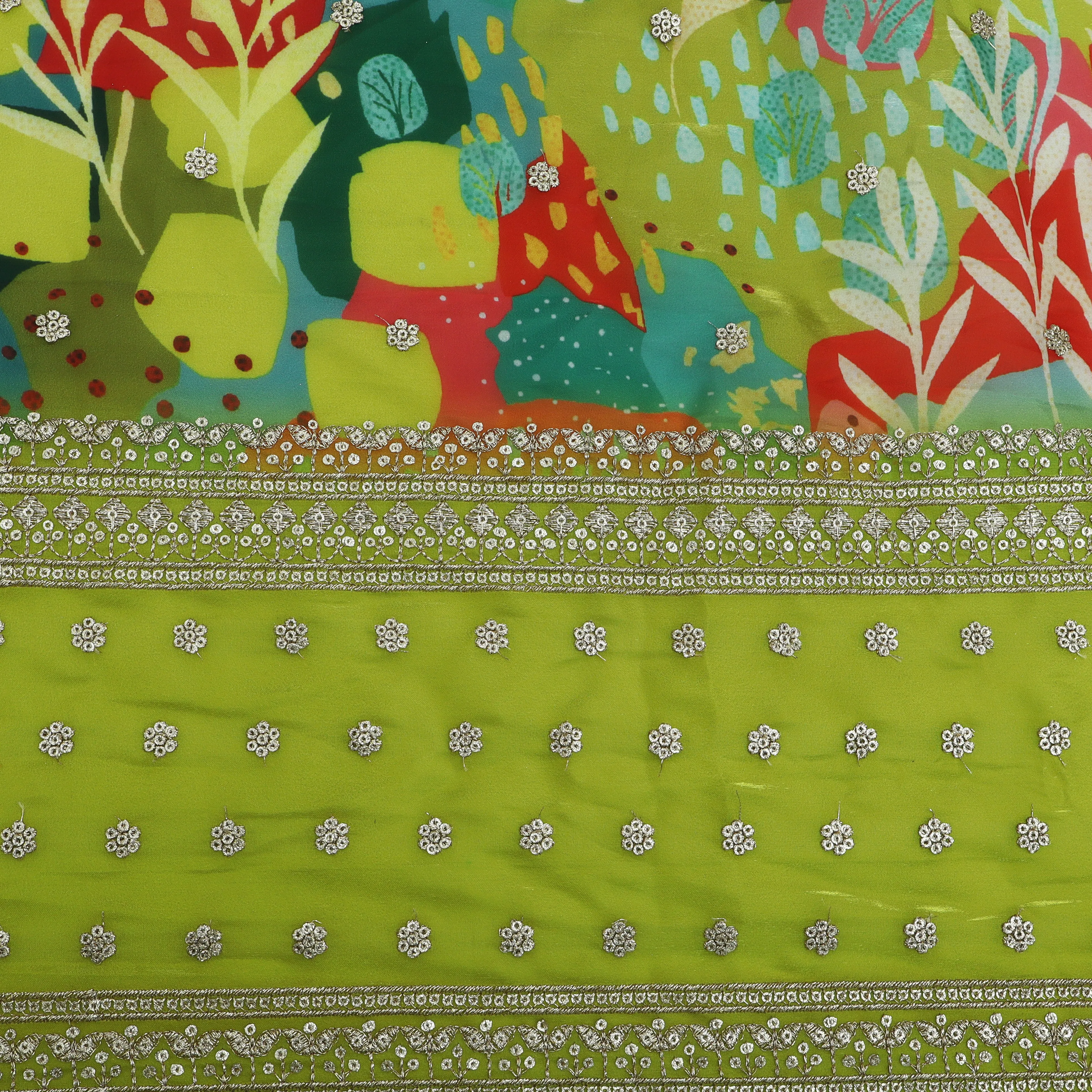 Mehandi Green Color Organza Print Embroidery Fabric