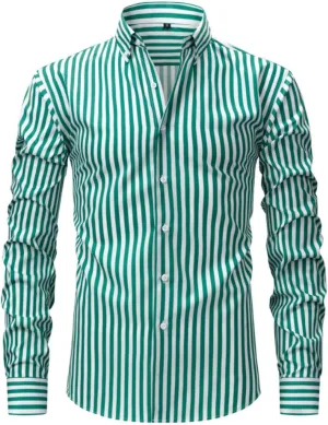 Men Summer Striped Color Block Shirts Dressy Casual Lapel Collar Button Down Shirt Work Top for Beach Wedding Vacation
