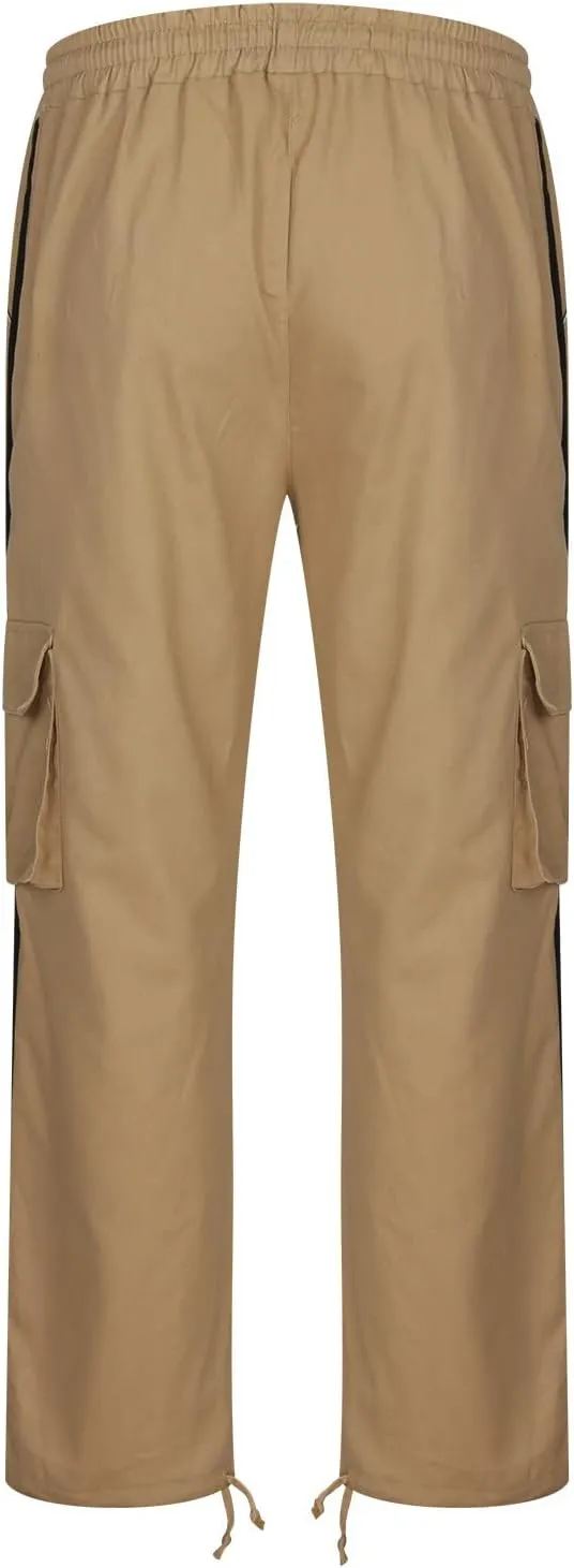 Men's Cargo Trousers Patchwork Drawstring Pants Elastic Waist Sweatpants Casual Tracksuit Bottoms with Multi Pockets