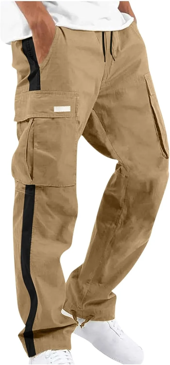 Men's Cargo Trousers Patchwork Drawstring Pants Elastic Waist Sweatpants Casual Tracksuit Bottoms with Multi Pockets
