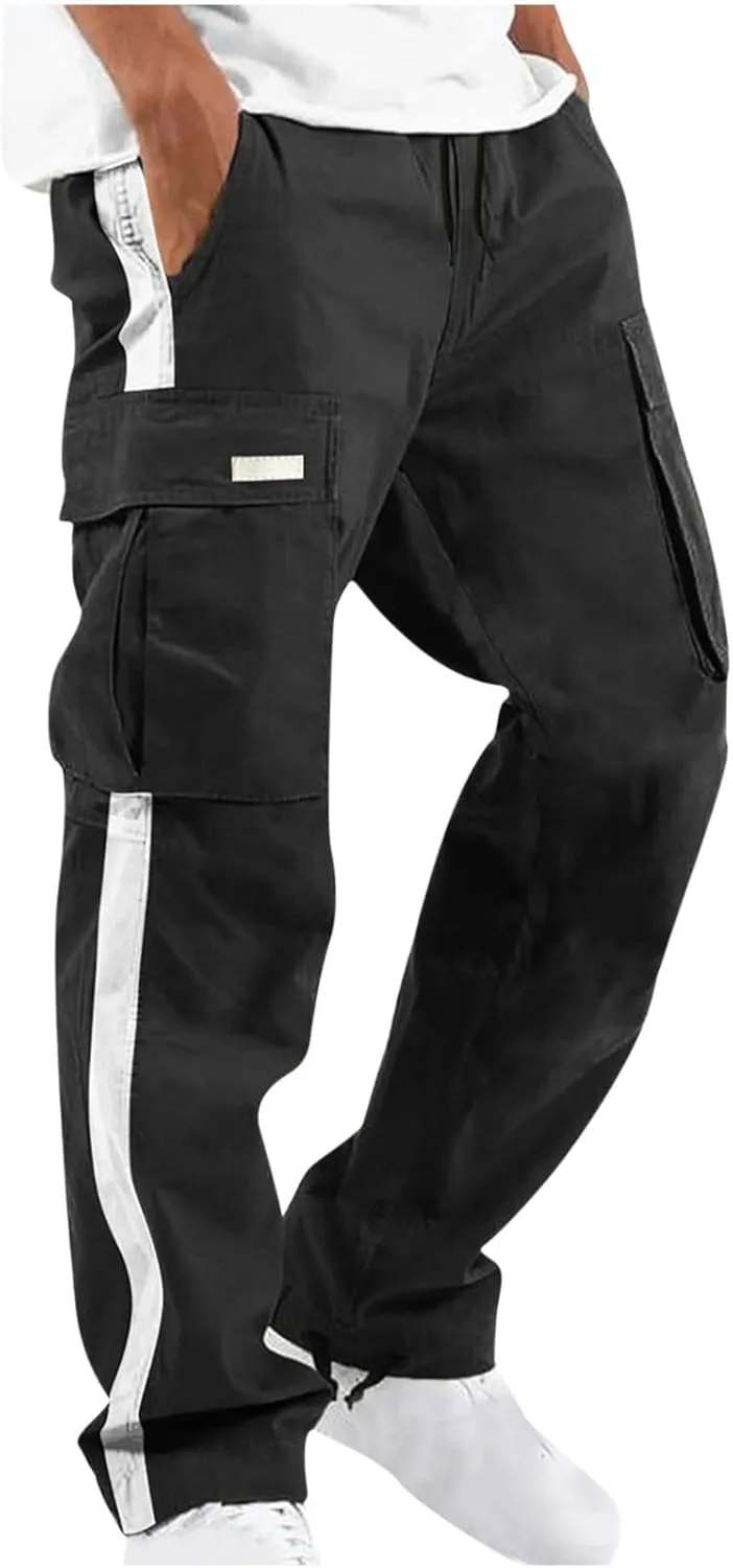 Men's Cargo Trousers Patchwork Drawstring Pants Elastic Waist Sweatpants Casual Tracksuit Bottoms with Multi Pockets