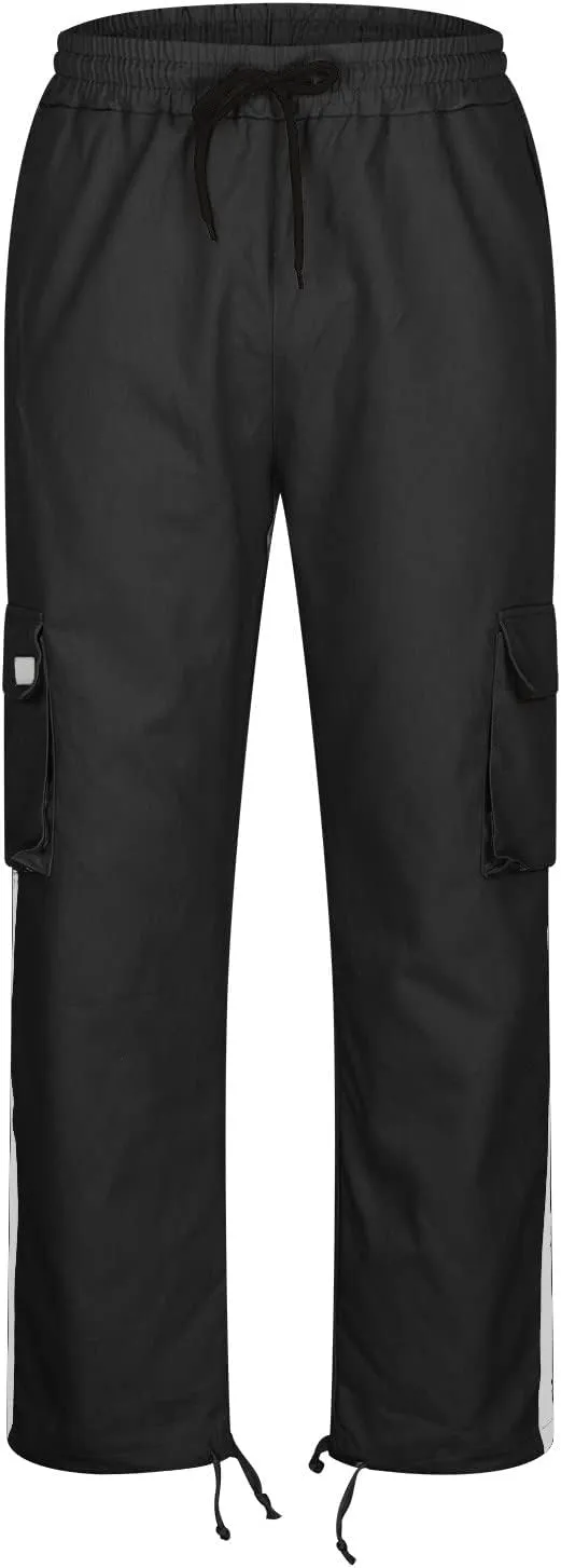 Men's Cargo Trousers Patchwork Drawstring Pants Elastic Waist Sweatpants Casual Tracksuit Bottoms with Multi Pockets