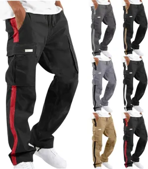 Men's Cargo Trousers Patchwork Drawstring Pants Elastic Waist Sweatpants Casual Tracksuit Bottoms with Multi Pockets