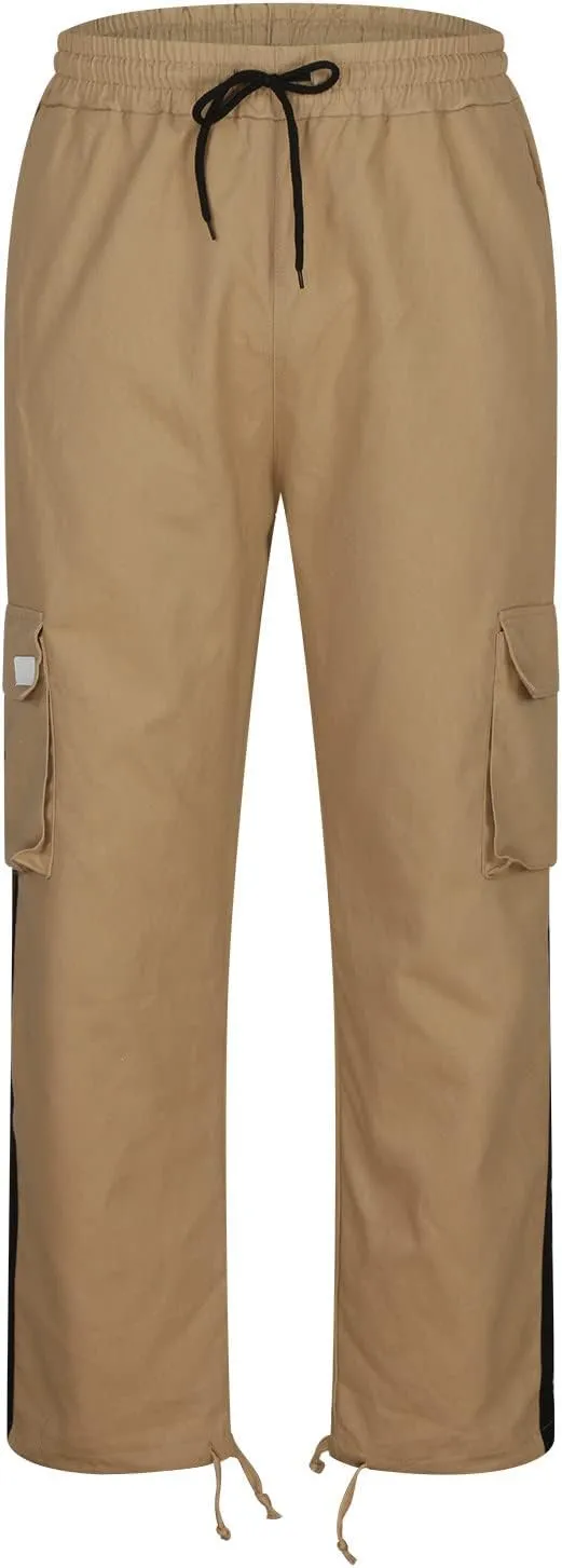Men's Cargo Trousers Patchwork Drawstring Pants Elastic Waist Sweatpants Casual Tracksuit Bottoms with Multi Pockets