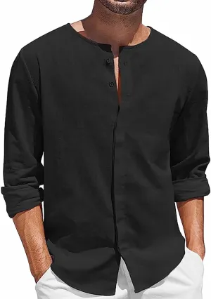 Mens Casual Cotton Linen Shirt Boatneck Long Sleeve Regular Fit Cozy Shirts Combat Active Button Down Beach Trend Top