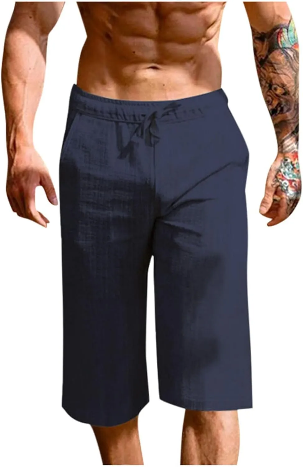 Men's Cotton Linen Cropped Trousers Mens Drawstring High Waist Capris Pants 3/4 Elasticated Waist Sweatpants