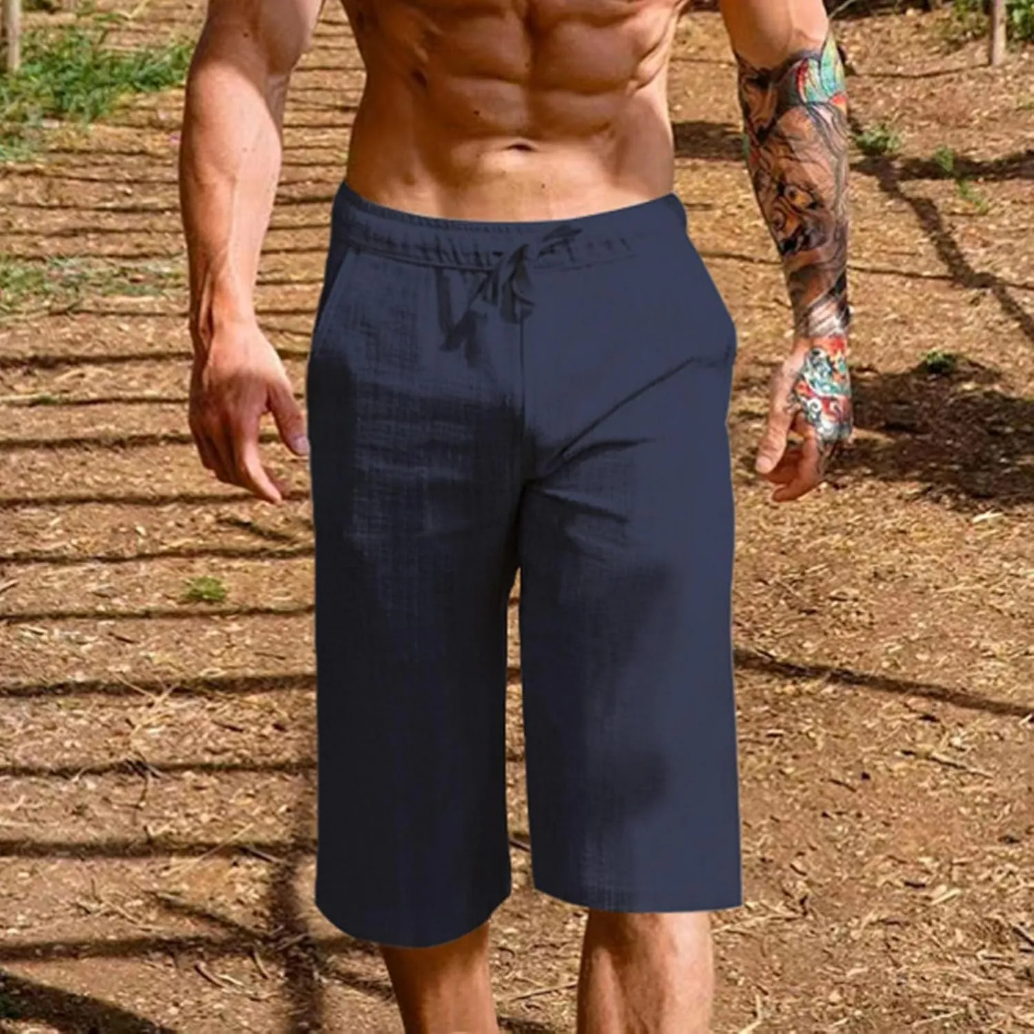 Men's Cotton Linen Cropped Trousers Mens Drawstring High Waist Capris Pants 3/4 Elasticated Waist Sweatpants