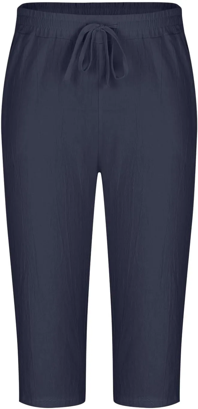 Men's Cotton Linen Cropped Trousers Mens Drawstring High Waist Capris Pants 3/4 Elasticated Waist Sweatpants