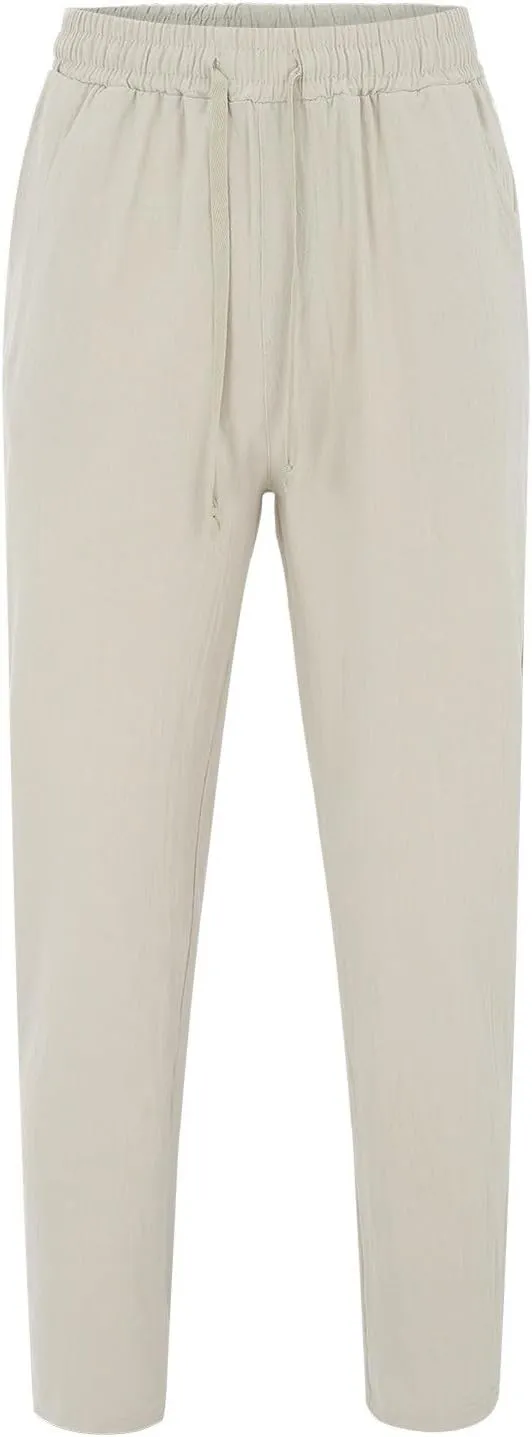 Men's Cotton Linen Pants Casual Drawstring Straight Leg Pleated Workout Pants Relaxed Fit Tapered Trousers