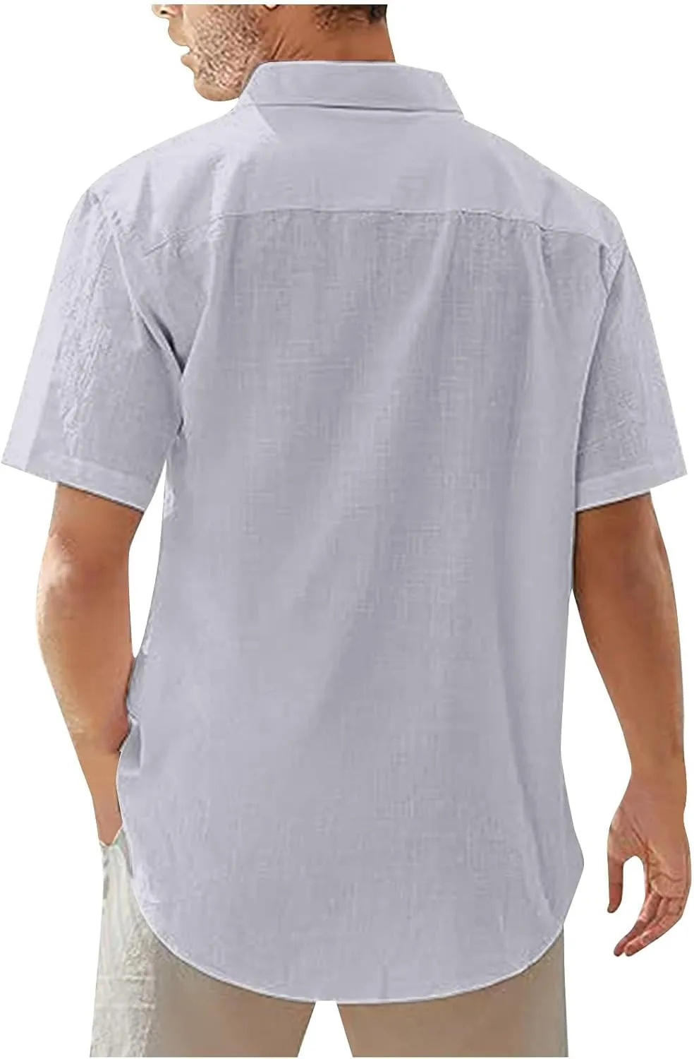 Mens Cotton Linen Short Sleeve Shirts Casual Lightweight Button Up Lapel Shirt Vacation Beach Summer Tops with Pocket
