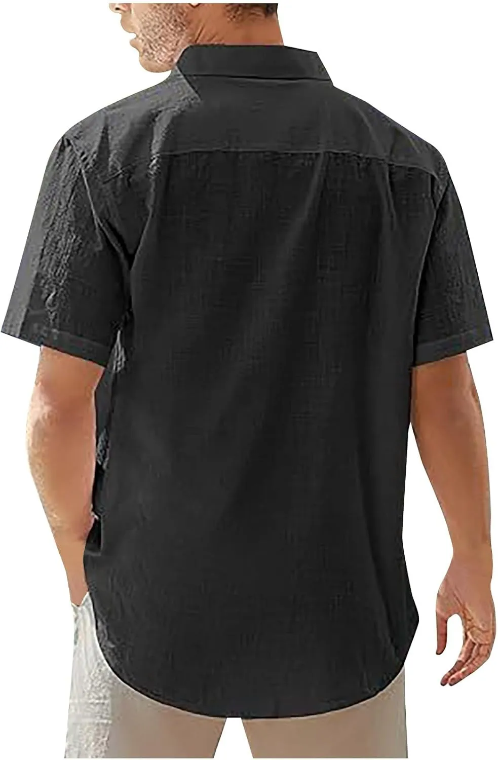 Mens Cotton Linen Short Sleeve Shirts Casual Lightweight Button Up Lapel Shirt Vacation Beach Summer Tops with Pocket