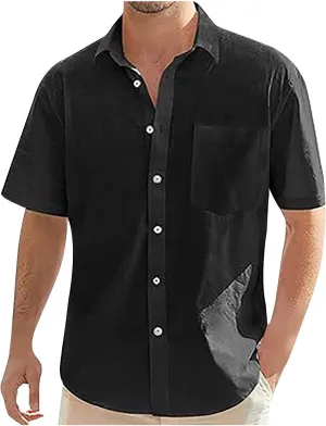 Mens Cotton Linen Short Sleeve Shirts Casual Lightweight Button Up Lapel Shirt Vacation Beach Summer Tops with Pocket
