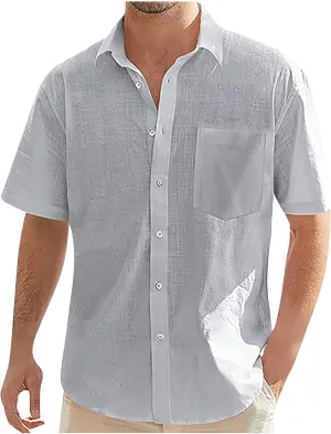 Mens Cotton Linen Short Sleeve Shirts Casual Lightweight Button Up Lapel Shirt Vacation Beach Summer Tops with Pocket