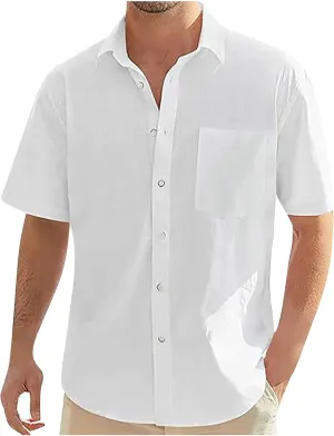 Mens Cotton Linen Short Sleeve Shirts Casual Lightweight Button Up Lapel Shirt Vacation Beach Summer Tops with Pocket