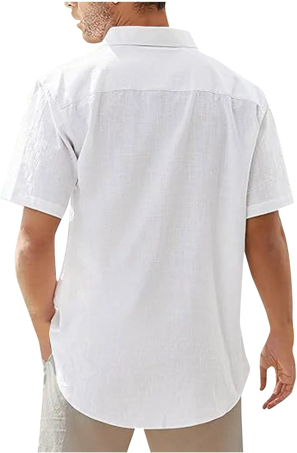 Mens Cotton Linen Short Sleeve Shirts Casual Lightweight Button Up Lapel Shirt Vacation Beach Summer Tops with Pocket