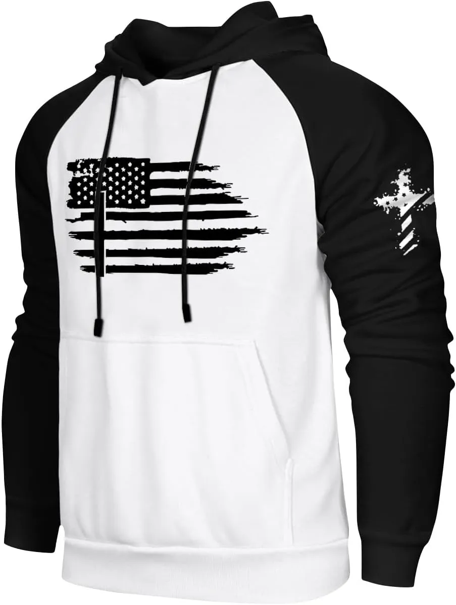 Mens Fashion Hoodies For Flag Print Drawstring Causal With Pockets Long Sleeve Hooded Sweatshirts