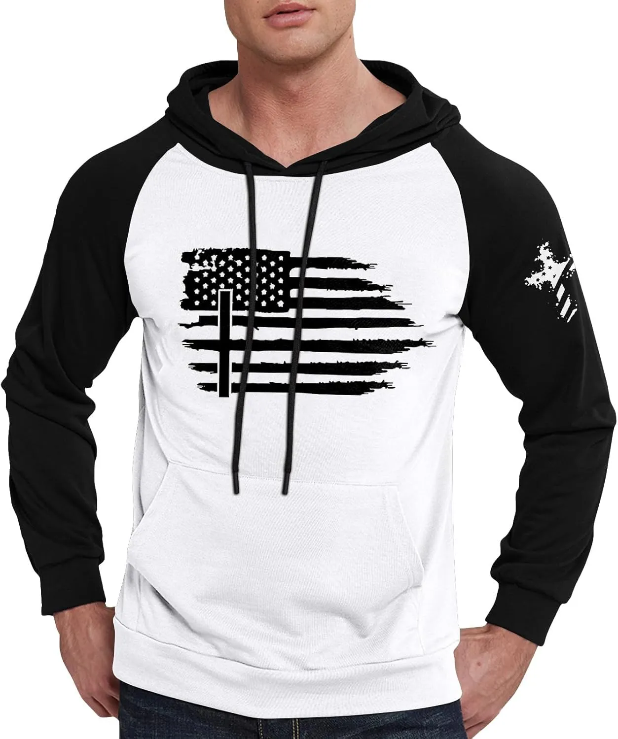 Mens Fashion Hoodies For Flag Print Drawstring Causal With Pockets Long Sleeve Hooded Sweatshirts
