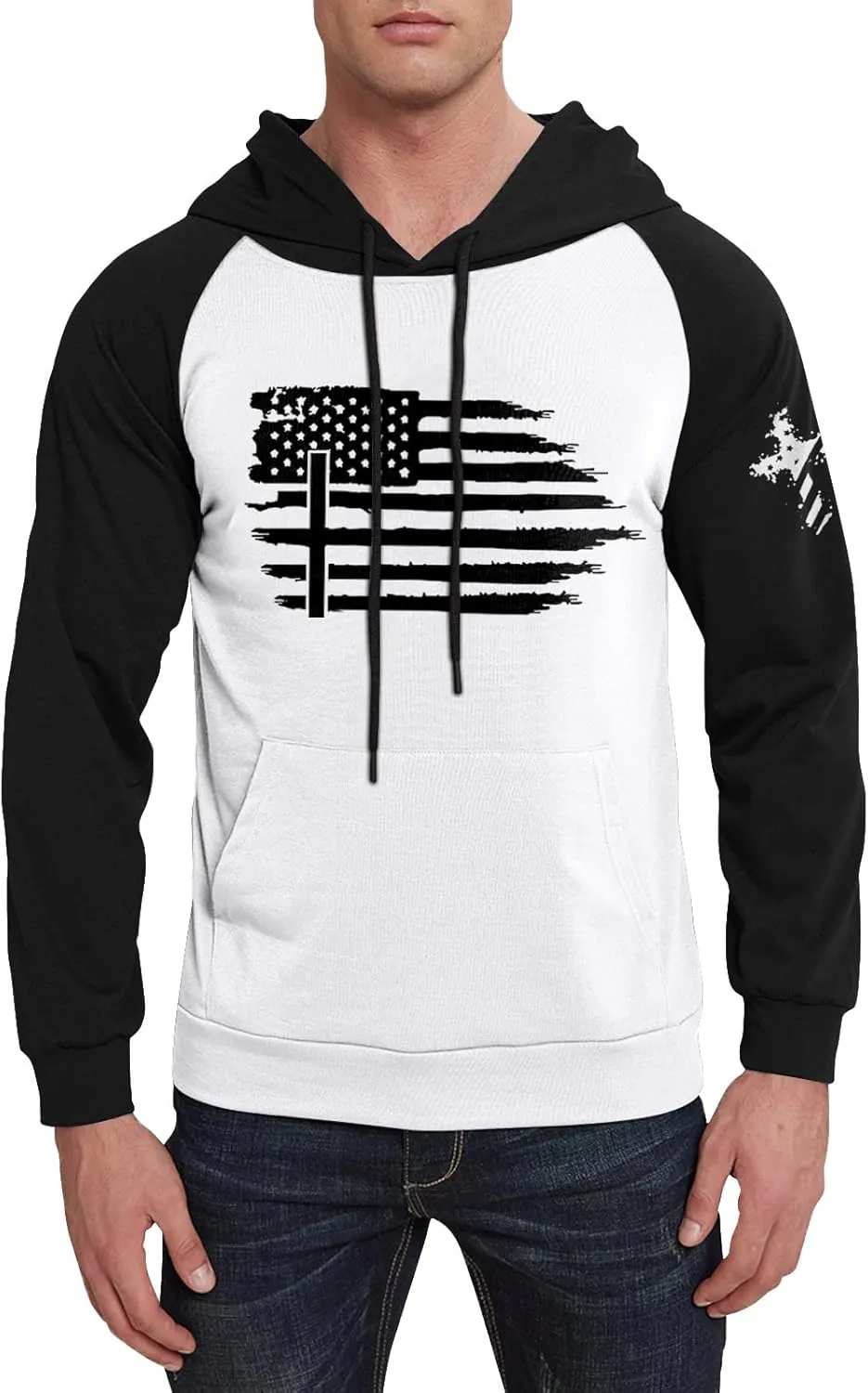 Mens Fashion Hoodies For Flag Print Drawstring Causal With Pockets Long Sleeve Hooded Sweatshirts