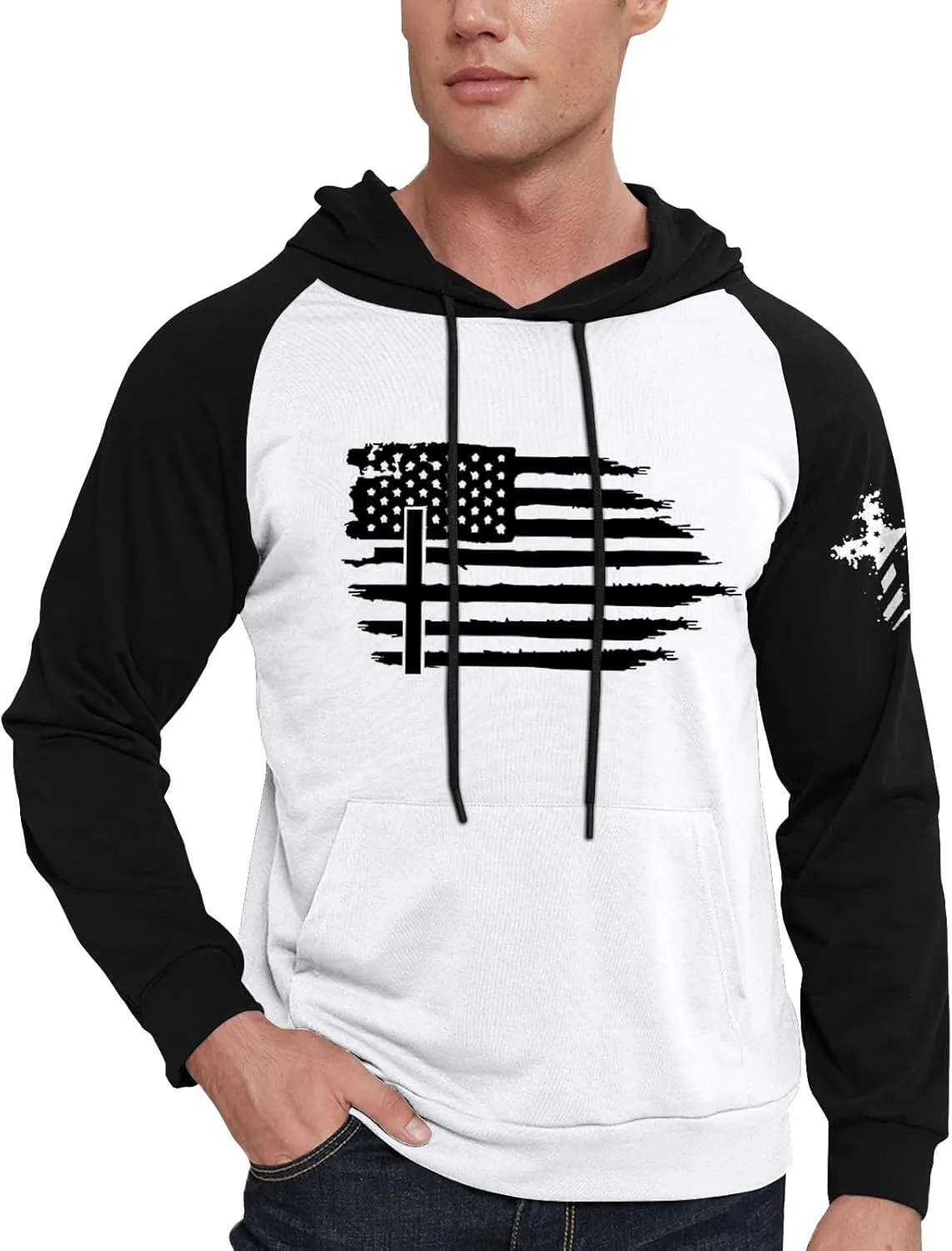 Mens Fashion Hoodies For Flag Print Drawstring Causal With Pockets Long Sleeve Hooded Sweatshirts