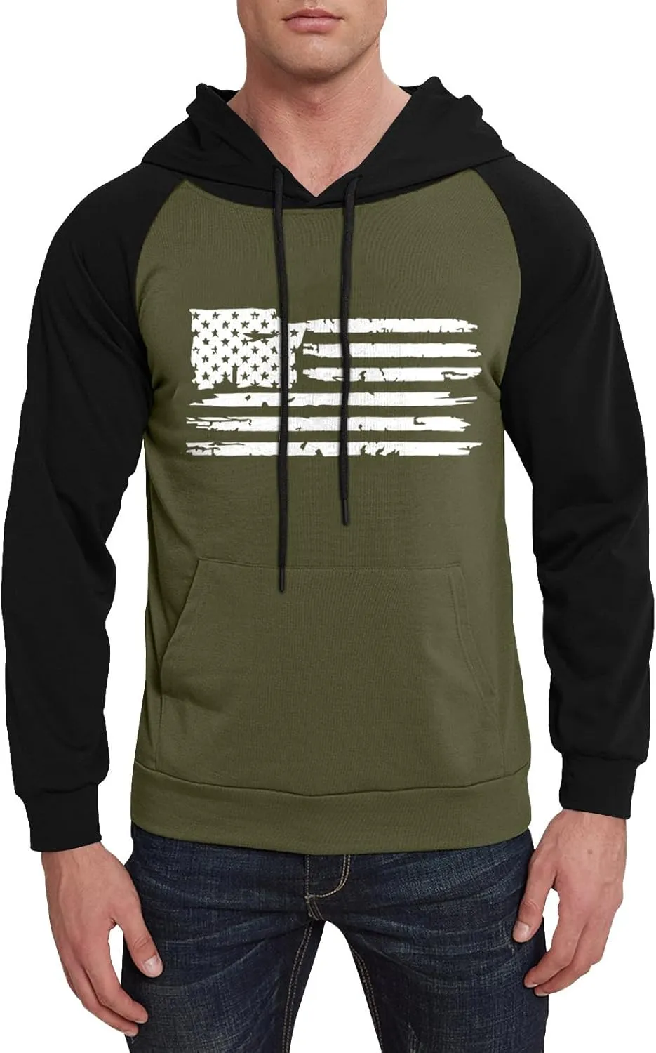 Mens Hoodies Pullover For Fashion Flag Print Sport Drawstring Causal With Pockets Long Sleeve Sweatshirts