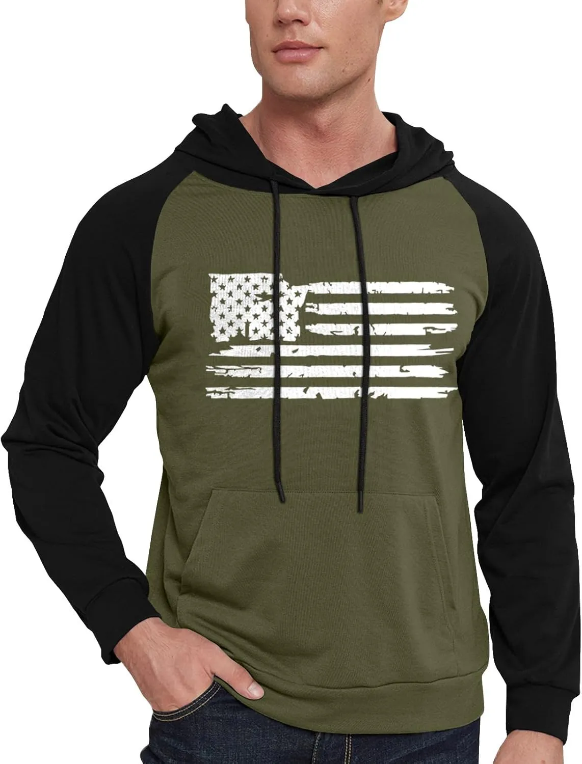 Mens Hoodies Pullover For Fashion Flag Print Sport Drawstring Causal With Pockets Long Sleeve Sweatshirts