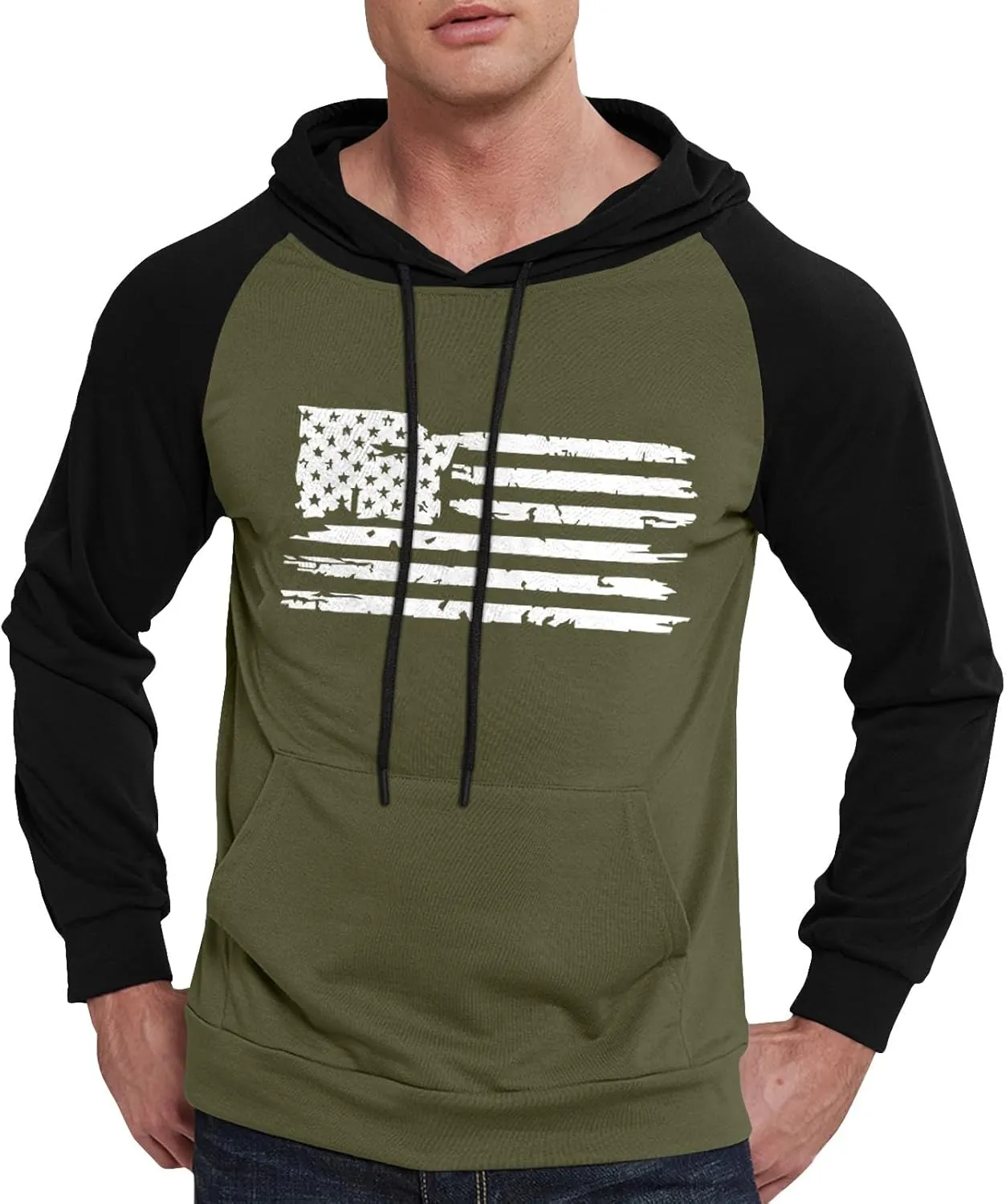 Mens Hoodies Pullover For Fashion Flag Print Sport Drawstring Causal With Pockets Long Sleeve Sweatshirts