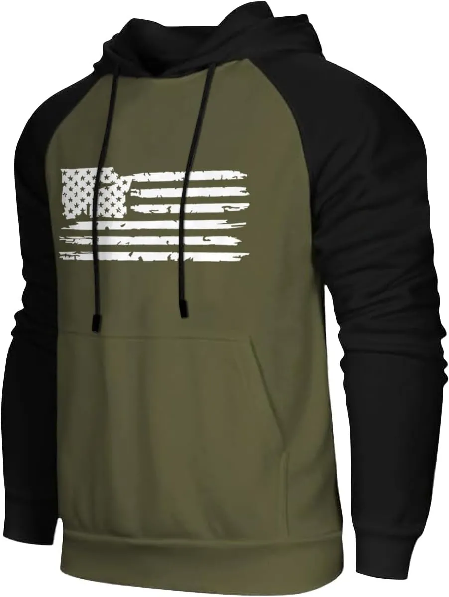 Mens Hoodies Pullover For Fashion Flag Print Sport Drawstring Causal With Pockets Long Sleeve Sweatshirts