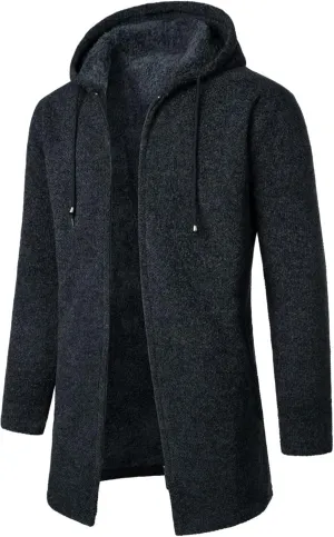 Mens Long Cardigan Hoodies Full Zip Fleece lined Sweaters Fashion Knitted Regular Fit Sweater Hooded Coat for Men