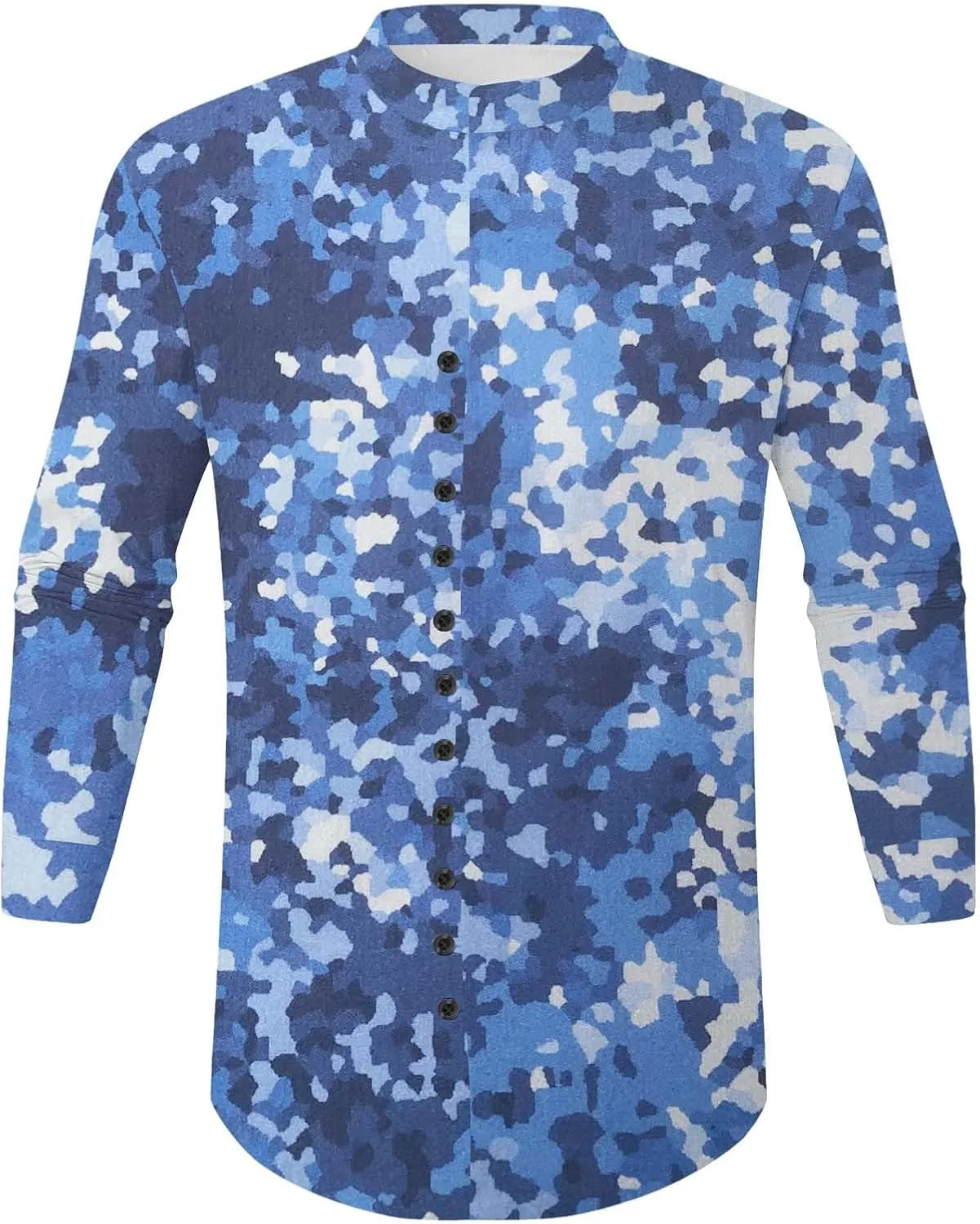 Mens Long Sleeve Camo Linen Shirts with Frog Buttons Stand Collar Travel Work Shirt Slim Fit Yoga Hawaiian Tunic Tops