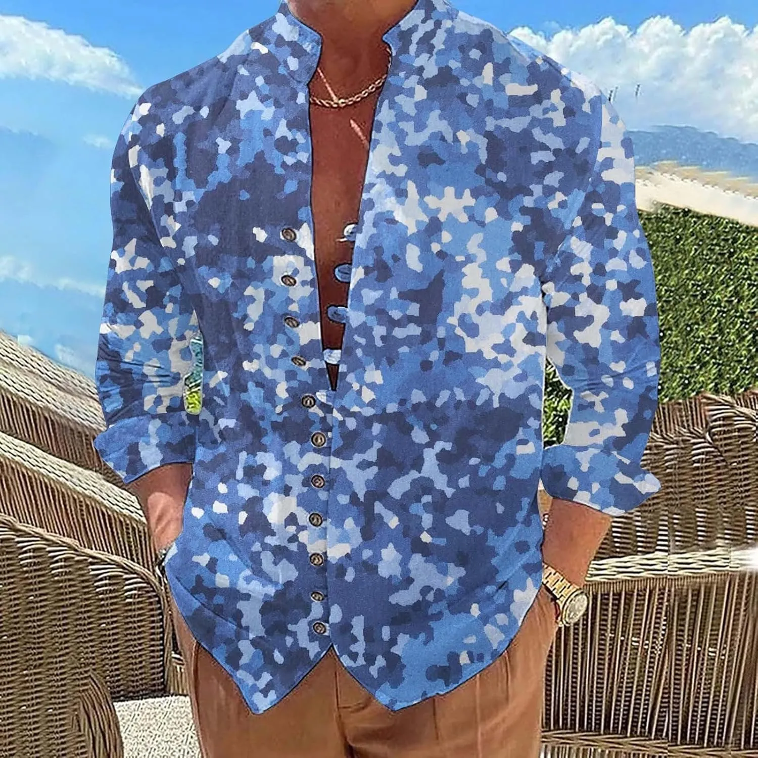 Mens Long Sleeve Camo Linen Shirts with Frog Buttons Stand Collar Travel Work Shirt Slim Fit Yoga Hawaiian Tunic Tops