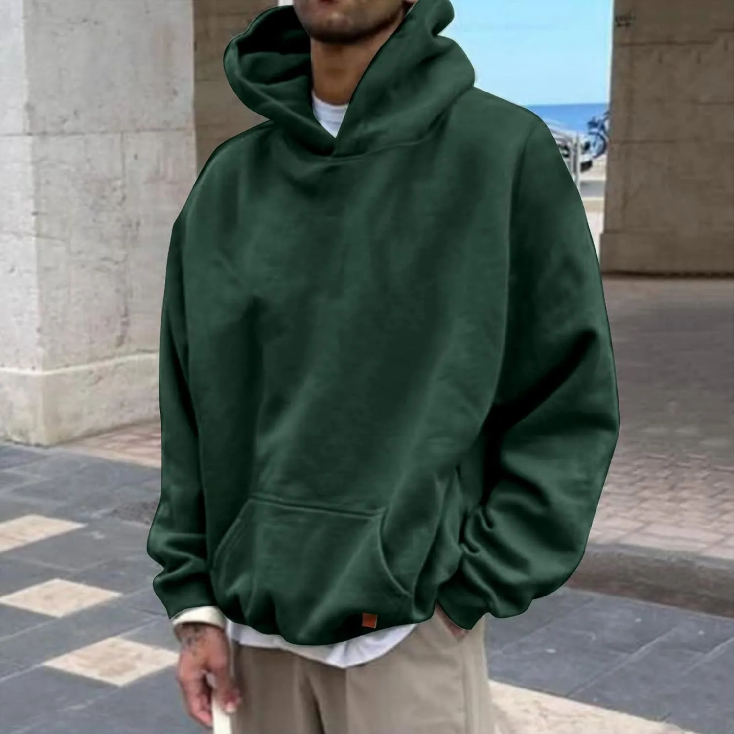 Mens Oversized Hoodies Pullover Solid Vintage Long Sleeve Sweatshirt Heavyweight Baggy Streetwear Top Athletic