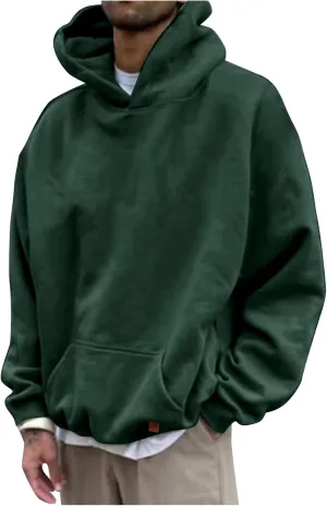 Mens Oversized Hoodies Pullover Solid Vintage Long Sleeve Sweatshirt Heavyweight Baggy Streetwear Top Athletic