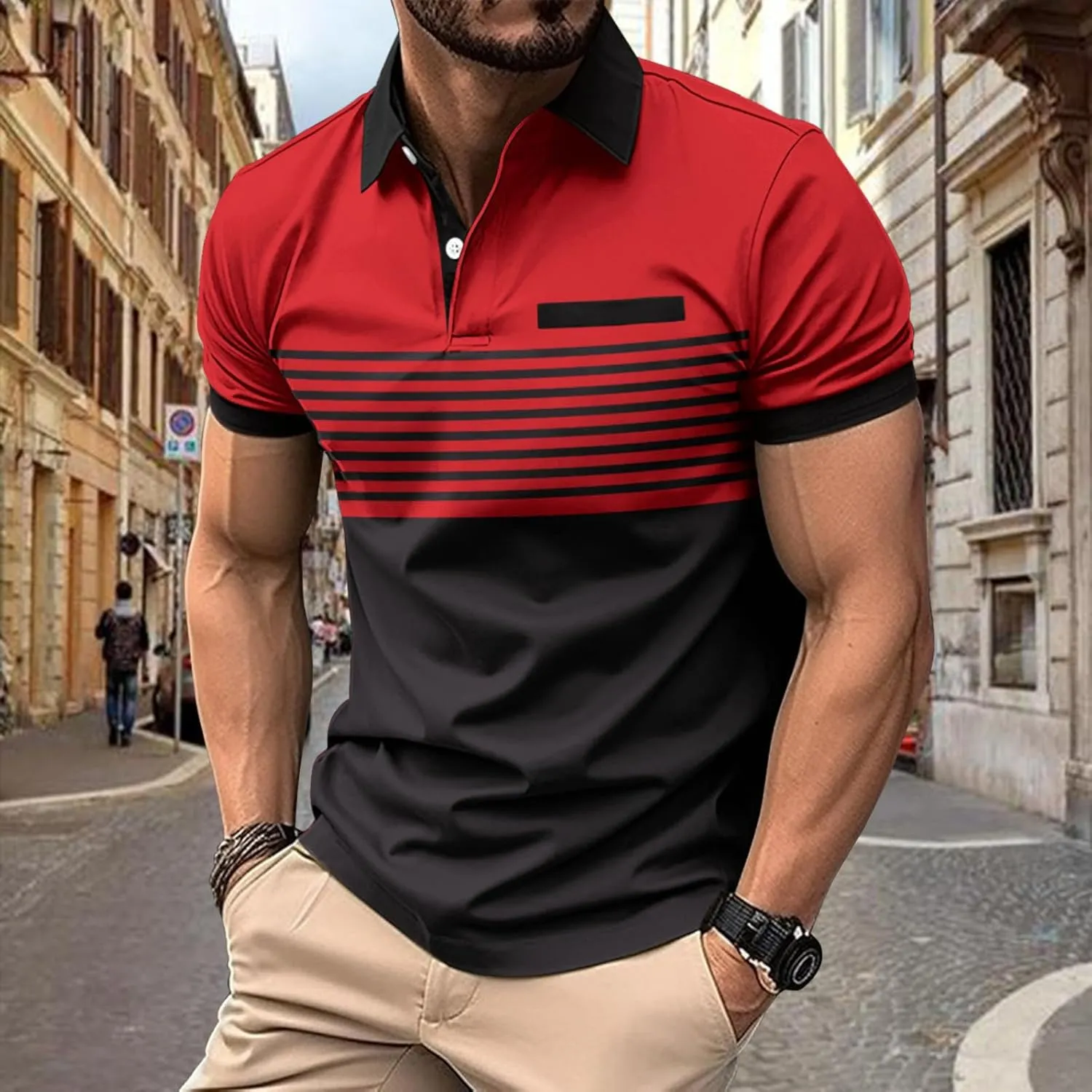 Mens Shirts Button Turn-Down Collar Top Short Sleeve Stripe Tshirts Sports Golf Tops Summer T-Shirt Tees 2024