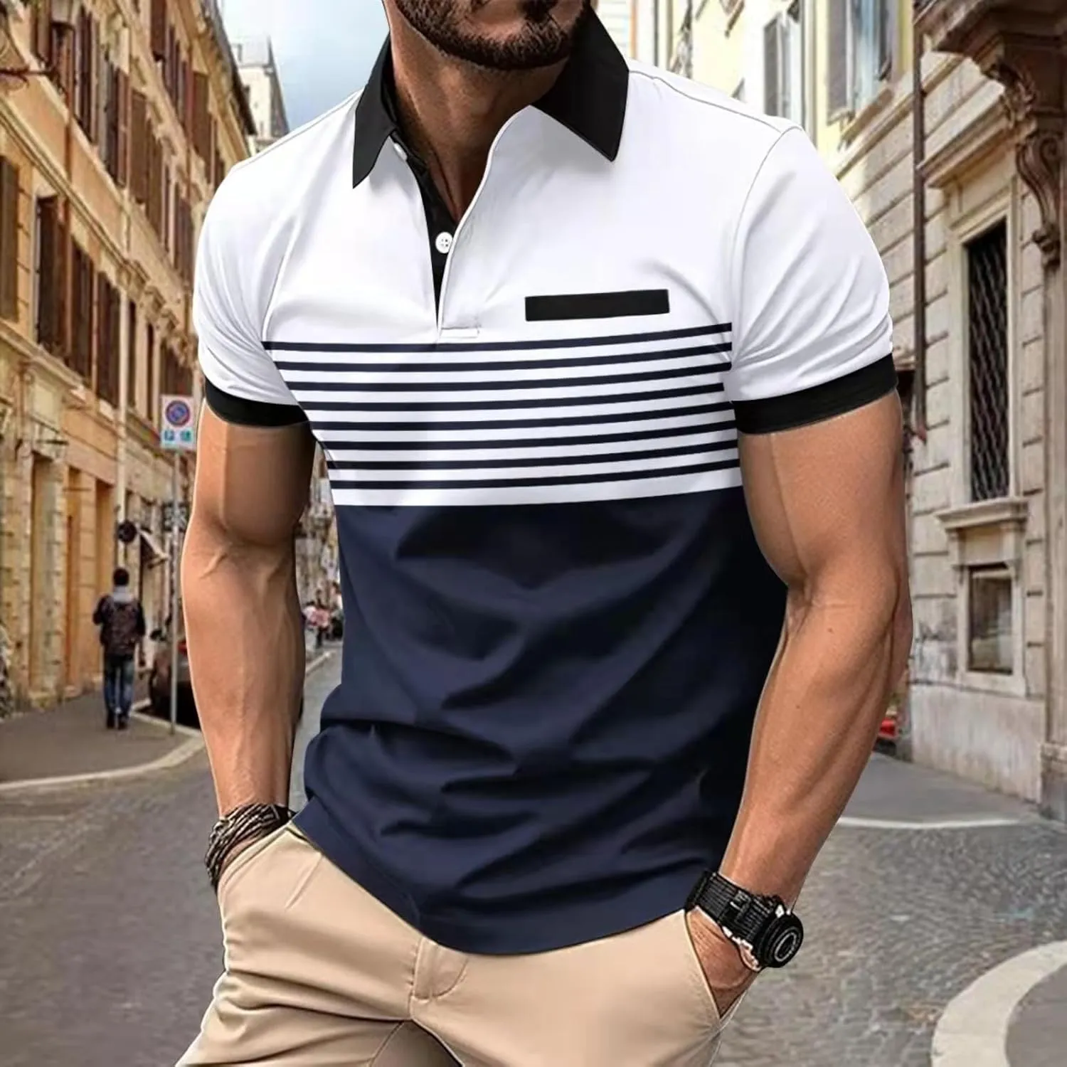 Mens Shirts Button Turn-Down Collar Top Short Sleeve Stripe Tshirts Sports Golf Tops Summer T-Shirt Tees 2024
