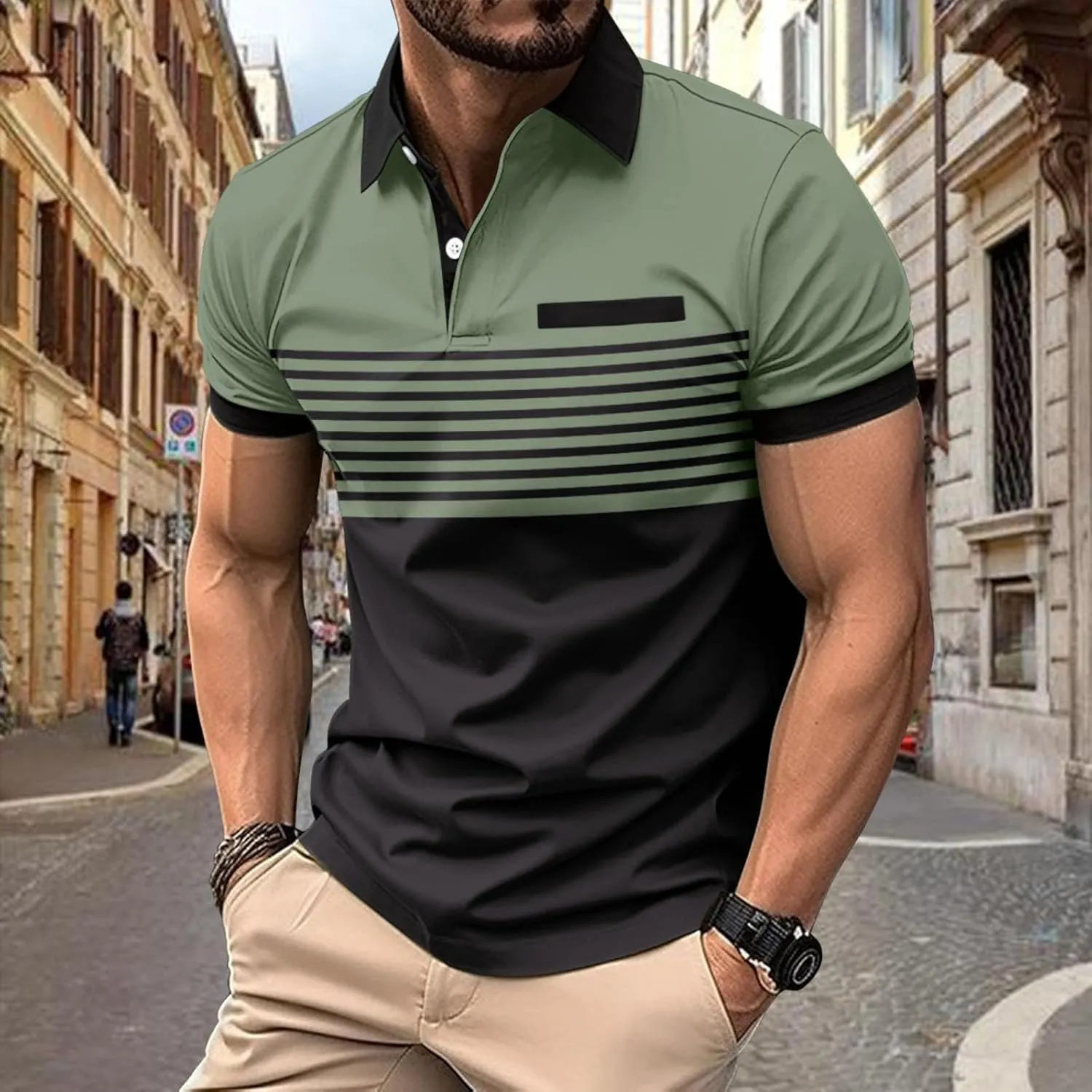 Mens Shirts Button Turn-Down Collar Top Short Sleeve Stripe Tshirts Sports Golf Tops Summer T-Shirt Tees 2024