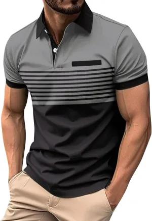 Mens Shirts Button Turn-Down Collar Top Short Sleeve Stripe Tshirts Sports Golf Tops Summer T-Shirt Tees 2024